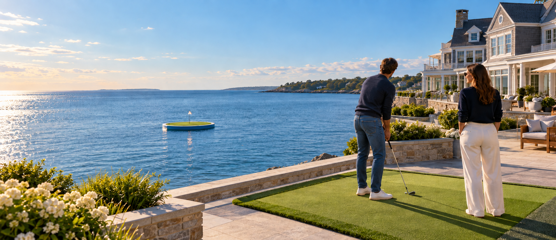 Concept visualization of a casually dressed guest preparing to chip toward a floating target from a coastal terrace